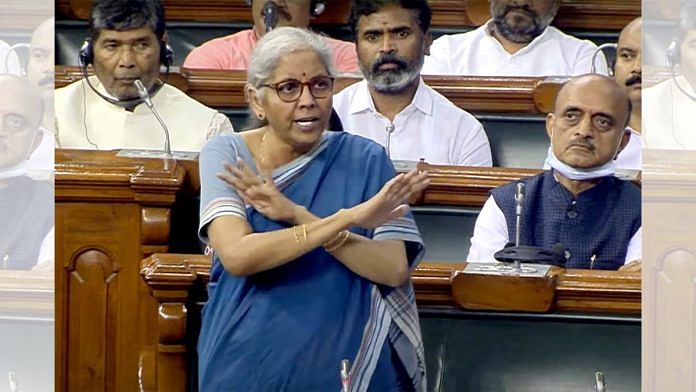 Union Finance Minister Nirmala Sitharaman in Lok Sabha on 1 August, 2022 | Credit: ANI Photo/Sansad TV