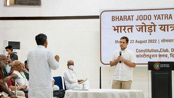 Congress leader Rahul Gandhi interacts with representatives of various civil society organisations during the 'Bharat Jodo Yatra' conclave at Constitution Club in New Delhi, on 22 August 2022 | PTI