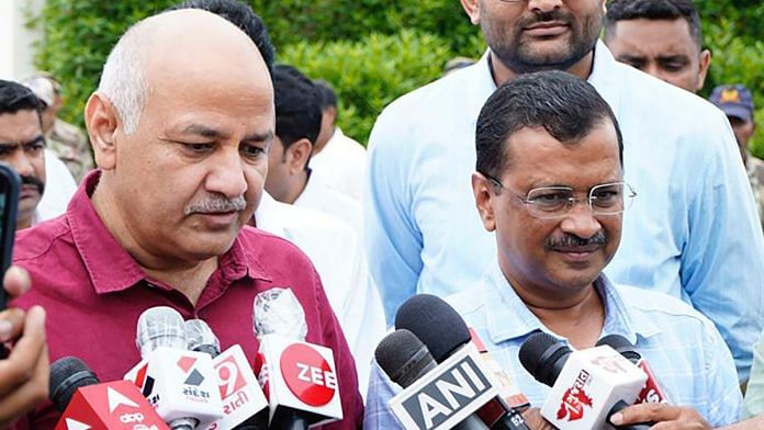 Delhi Chief Minister Arvind Kejriwal and Deputy Chief Minister Manish Sisodia interact with the media upon their arrival in Ahmedabad, on 22 August 2022 | Twitter/@AAPGujarat