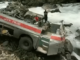 Bus carrying 37 ITBP personnel and two J&K Police personnel falls into riverbed in Pahalgam | Photo: Twitter /@ANI