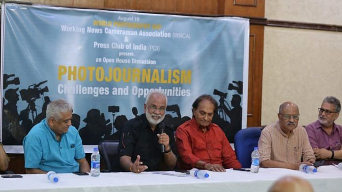 (From left to right) Rajdeep Sardesai, S.N. Sinha, Raghu Rai, Shekhar Gupta and Umakant Lakhera at the discussion | ThePrint photo | Suraj Singh Bisht