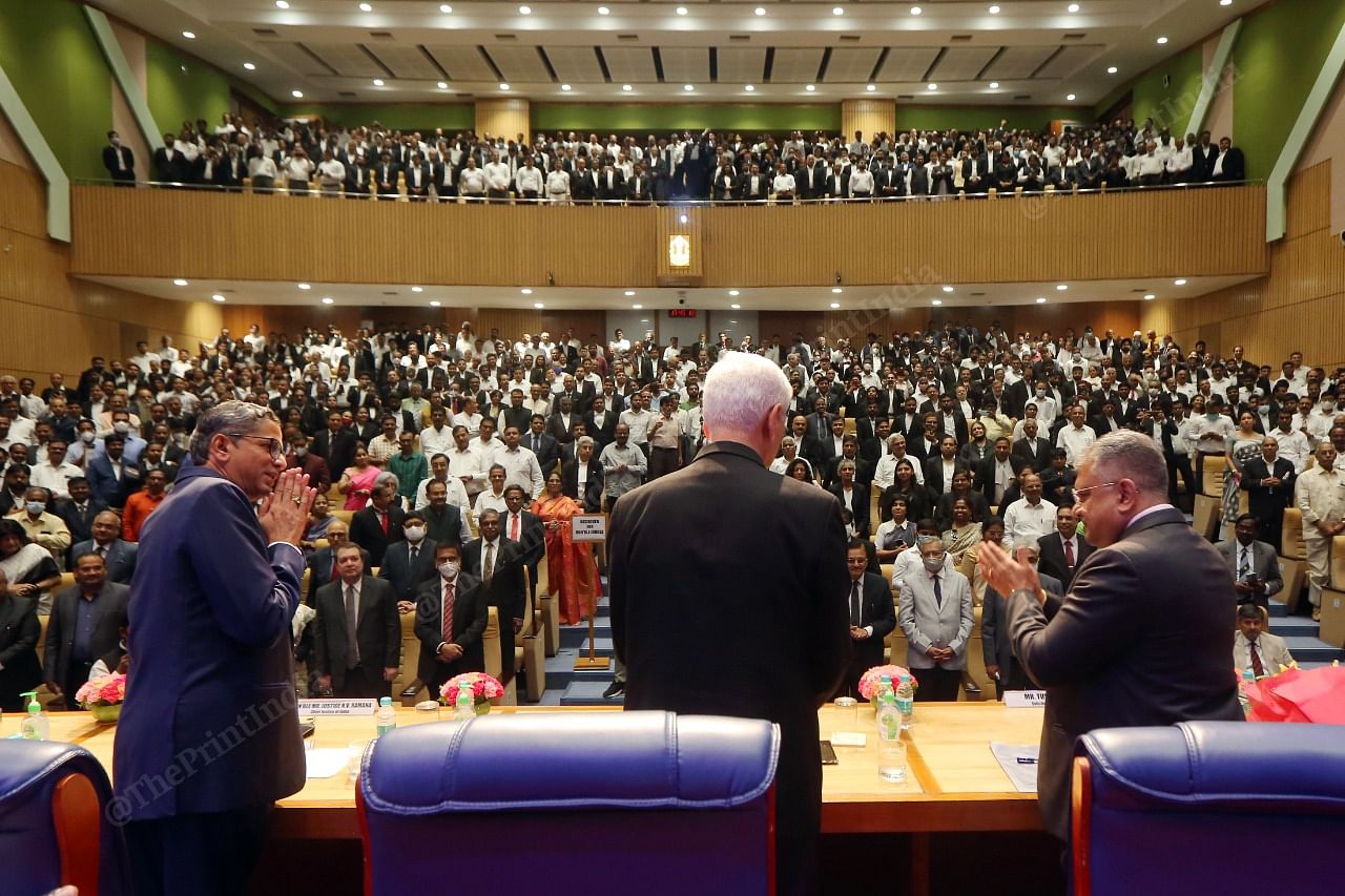 Justice N.V. Ramana (left), CJI Uday Lalit (center), and Tushar Mehta Solicitor General of India (Right) during a farewell ceremony organised for him by Supreme Court Bar Association (SCBA), at Supreme Court in New Delhi | Praveen Jain | ThePrint