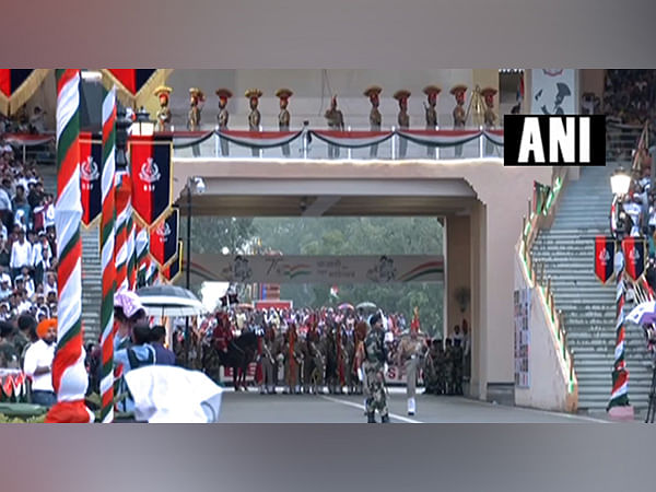 Beating retreat ceremony underway at Attari-Wagah border near Amritsar on 76th Independence Day