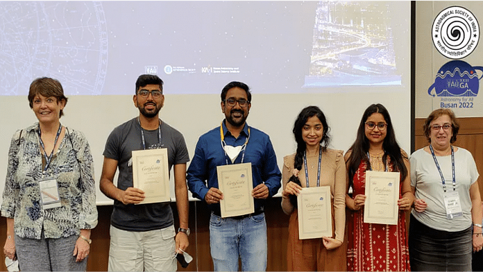Gopal Hazra, Prantika Bhowmik, Reetika Joshi and Souvik Bose were awarded at the IAU's meet in Busan | Credit: Astronomical Society of India