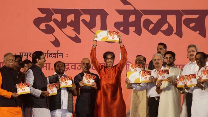 File photo of Uddhav Thackeray and other Sena leaders at the 2019 Dussehra rally at Shivaji Park in Mumbai | ANI