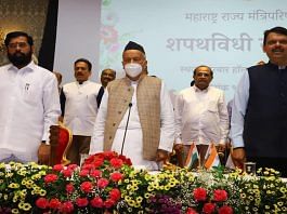 Maharashtra Chief Minister Eknath Shinde, Deputy CM Devendra Fadnavis and Governor Bhagat Singh Koshyari at the swearing-in ceremony of the state cabinet Tuesday | Twitter/@mieknathshinde