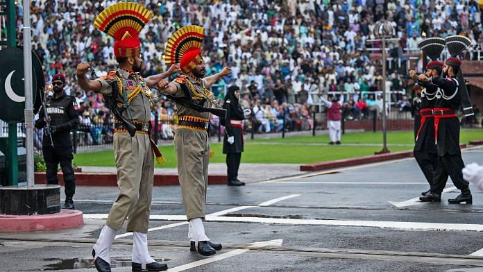 File photo of BSF personnel and Pakistan Rangers performing during the Beating Retreat ceremony at the Attari-Wagah border. | ANI