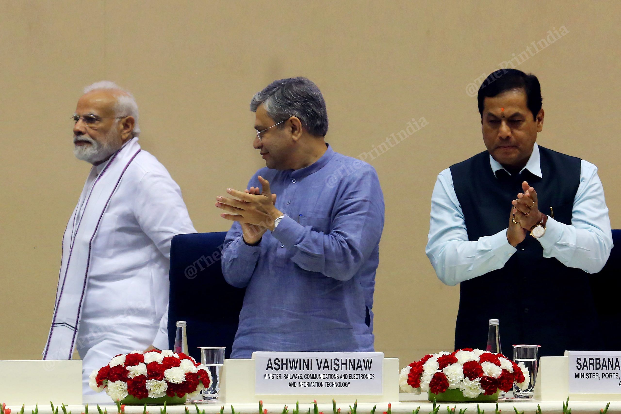 PM Modi and ministers Ashwini Vaishnaw and Sarbananda Sonowal | Photo: Praveen Jain | ThePrint