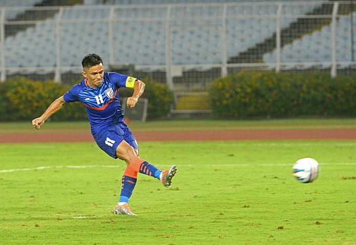 Sunil Chhetri in action during the AFC Asian Cup 2023 qualifiers match against Cambodia at Salt Lake Stadium in Kolkata | ANI file photo