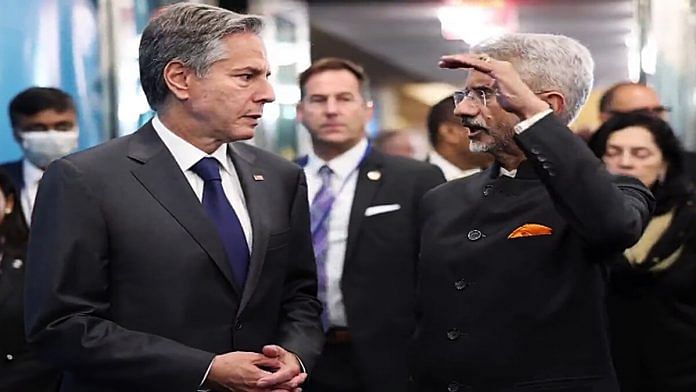A video grab shows Minister for External Affairs S. Jaishankar meeting with United States Secretary of State Antony Blinken on the sidelines of the 77th session of the UNGA | ANI photo