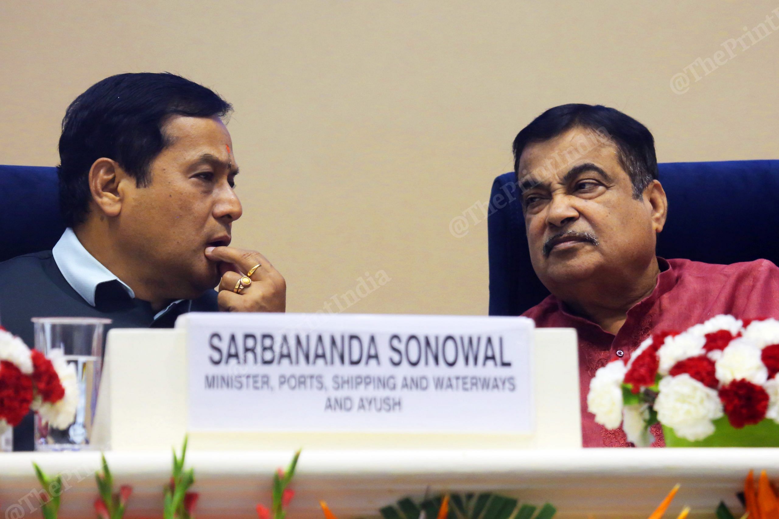 Minister of Ports, Shipping and Waterways, Sarbananda Sonowal, with Minister of Road Transport & Highways, Nitin Gadkari, at the launch| Photo: Praveen Jain | ThePrint