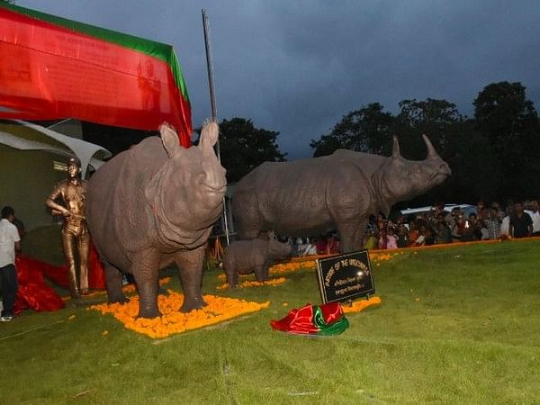 Assam: 3 Rhino statues made from burnt horns stand tall at Kaziranga 