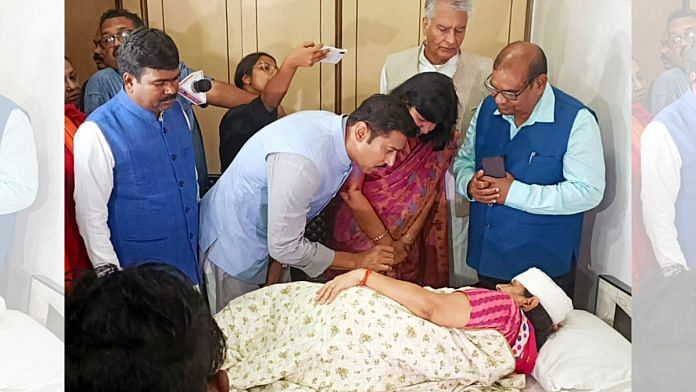 A five-member delegation of the BJP’s ‘fact-finding committee’ meet party councilor Mina Devi Purohit who got injured in the party's 'Nabanna Chalo' march | Credit: ANI Photo