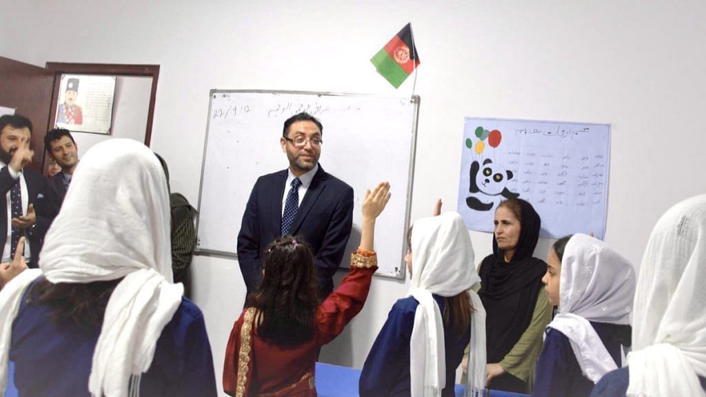 Farid Mamundzay, Afghanistan's Ambassador to India, interacts with students at the new location of the Sayed Jamaluddin Afghan School Monday | Photo: Twitter/@FMamundzay