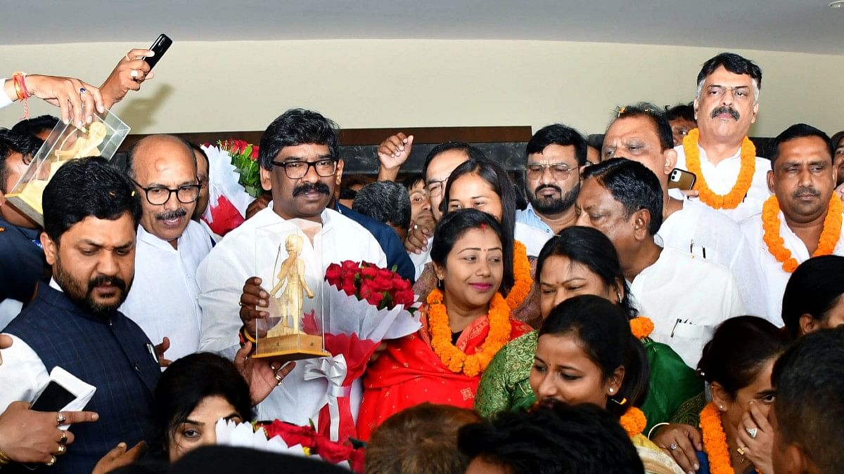 Hemant Soren Jharkhand Assembly Jharkhand CM Hemant Soren with MLAs of the JMM-led ruling alliance after winning the trust vote in Ranchi Monday | ANI