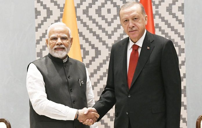 PM Modi with Turkish President Erdogan in Samarkand Friday | Twitter @PMOIndia