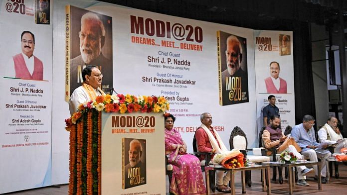 BJP National President J.P. Nadda at the launch of the book Modi@20 | Credit: ANI photo