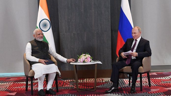 PM Narendra Modi meeting Russian President Vladimir Putin in Samarkand Friday | Twitter @narendramodi