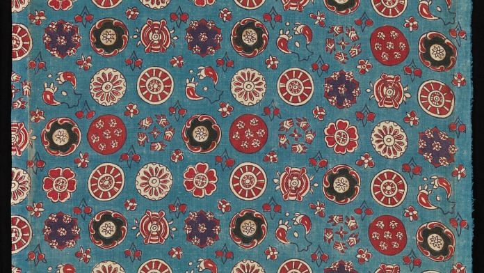 Sarasa with Small Rosettes, Coromandel Coast, India (for the Japanese market), c. 18th century, Painted resist and mordant, dyed cotton. Image courtesy of The Metropolitan Museum of Art.