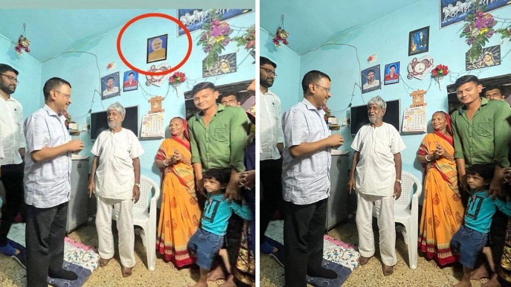 Edited image of Arvind Kejriwal's visit to Vikram Dantani's home (left) and original image of the event tweeted by Delhi chief minister (right) | Twitter: @wasimkhan0730/@ArvindKejriwal