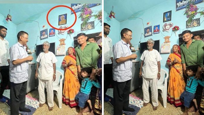 Edited image of Arvind Kejriwal's visit to Vikram Dantani's home (left) and original image of the event tweeted by Delhi chief minister (right) | Twitter: @wasimkhan0730/@ArvindKejriwal
