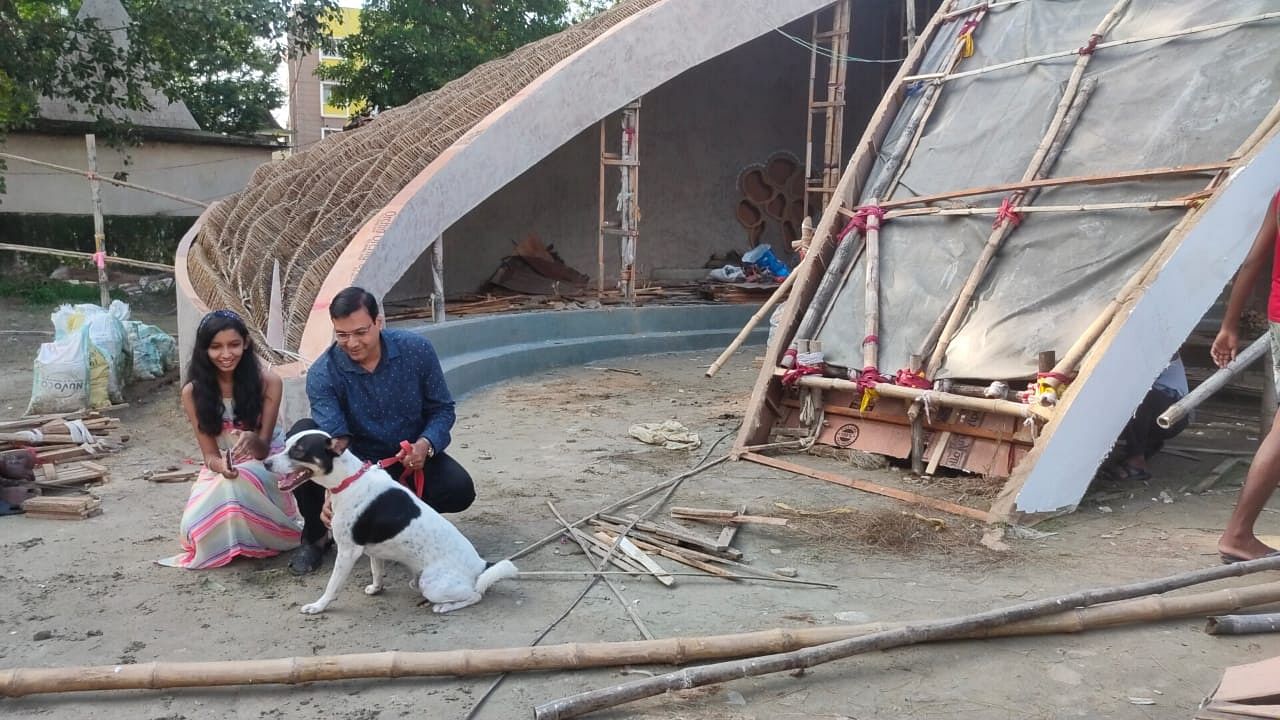Young pet parents at the Behala club Durga puja under construction | Special arrangement