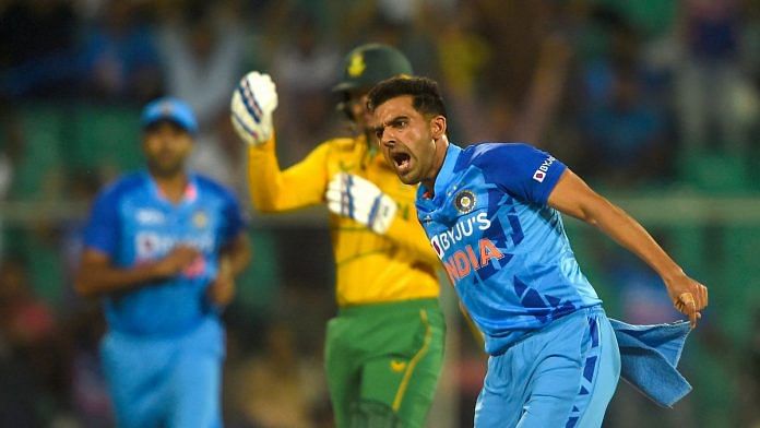 Bowler Deepak Chahar celebrates the wicket of Temba Bavuma during the first T20 cricket match between India and South Africa in Thiruvananthapuram, on 28 September 2022 | PTI