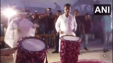Mamata Banerjee plays 'dhak' at Durga puja pandal in Kolkata
