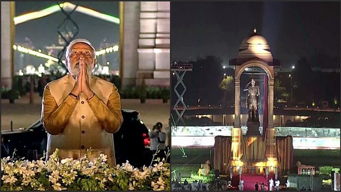 Prime Minister Narendra Modi pays tribute to the Netaji Subhas Chandra Bose after unveiling the statute near India Gate in New Delhi, on 8 September 2022 | ANI