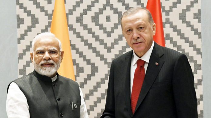 Prime Minister Narendra Modi meets with Turkish President Recep Tayyip Erdogan on the sidelines of the SCO Summit, in Samarkand | Twitter | @PMOIndia