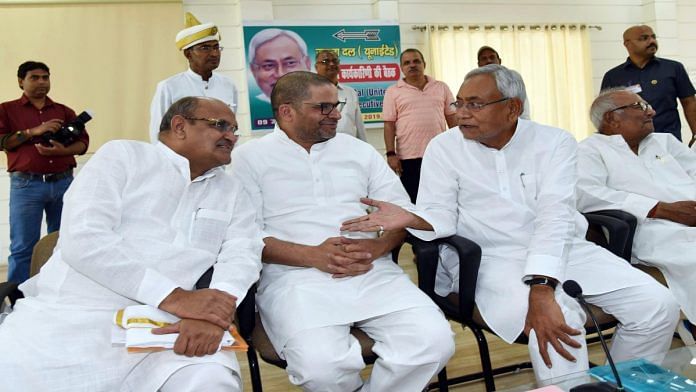 File photo of Bihar Chief Minister Nitish Kumar with JD-U's secretary-general KC Tyagi and Prashant Kishor in Patna | ANI
