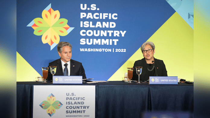 East-West Center President Suzanne Puanani Vares-Lum speaks next to U.S. Secretary of State Antony Blinken during the U.S.-Pacific Island Country Summit at the State Department in Washington, U.S., September 28, 2022. Kevin Wolf/Pool via REUTERS