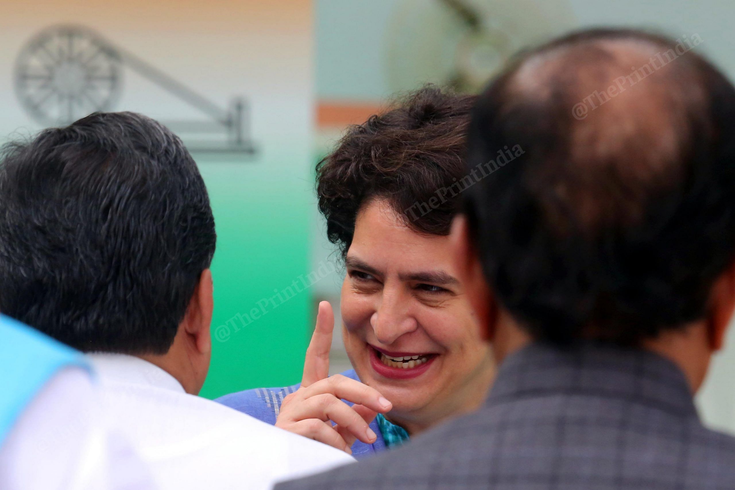 Congress Leader Priyanka Gandhi interacts with congress leaders during a event at AICC Headquarters | Praveen Jain | ThePrint
