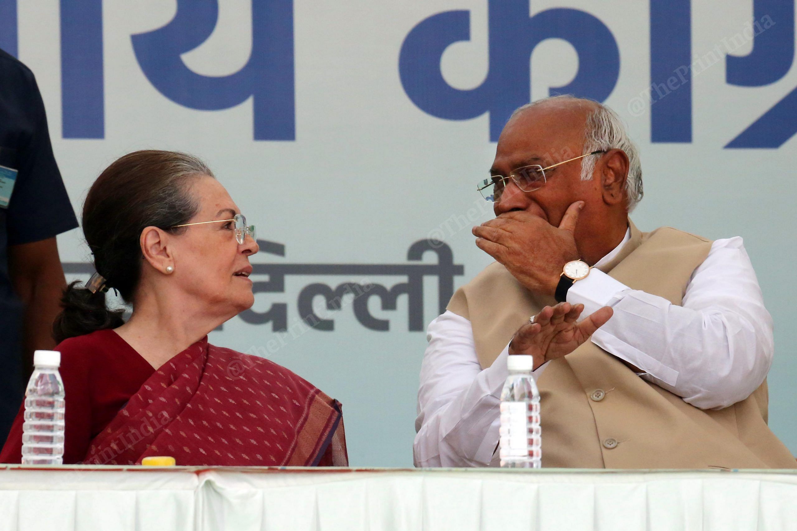 Congress President Mallikarjun Kharge interacts with former party president Sonia Gandhi during the presentation of certificate of election to the newly elected Congress President | Praveen Jain | ThePrint