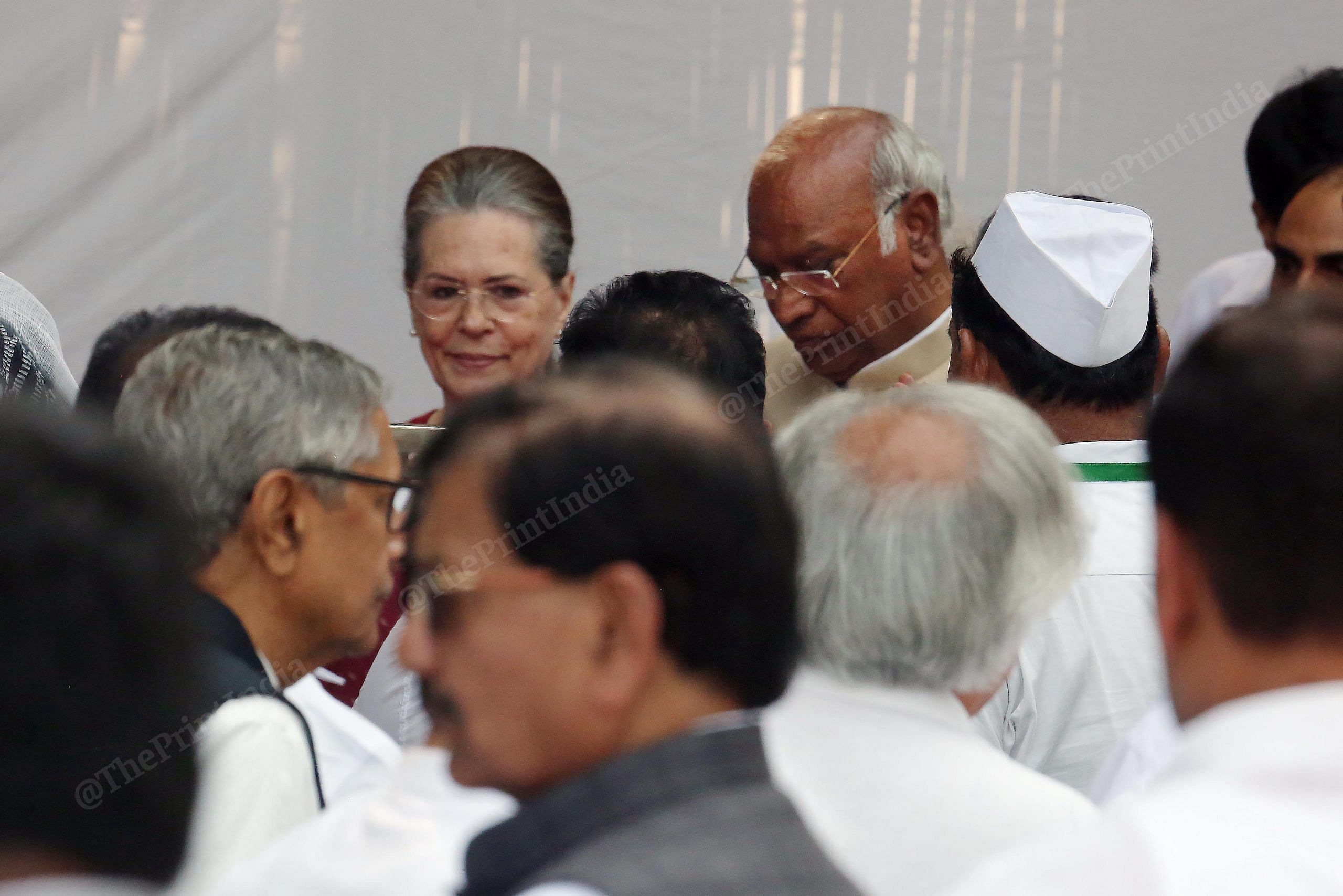 Congress President-elect Mallikarjun Kharge with former party president Sonia Gandhi leaves after the event AICC Headquarters in New Delhi | Praveen Jain | ThePrint