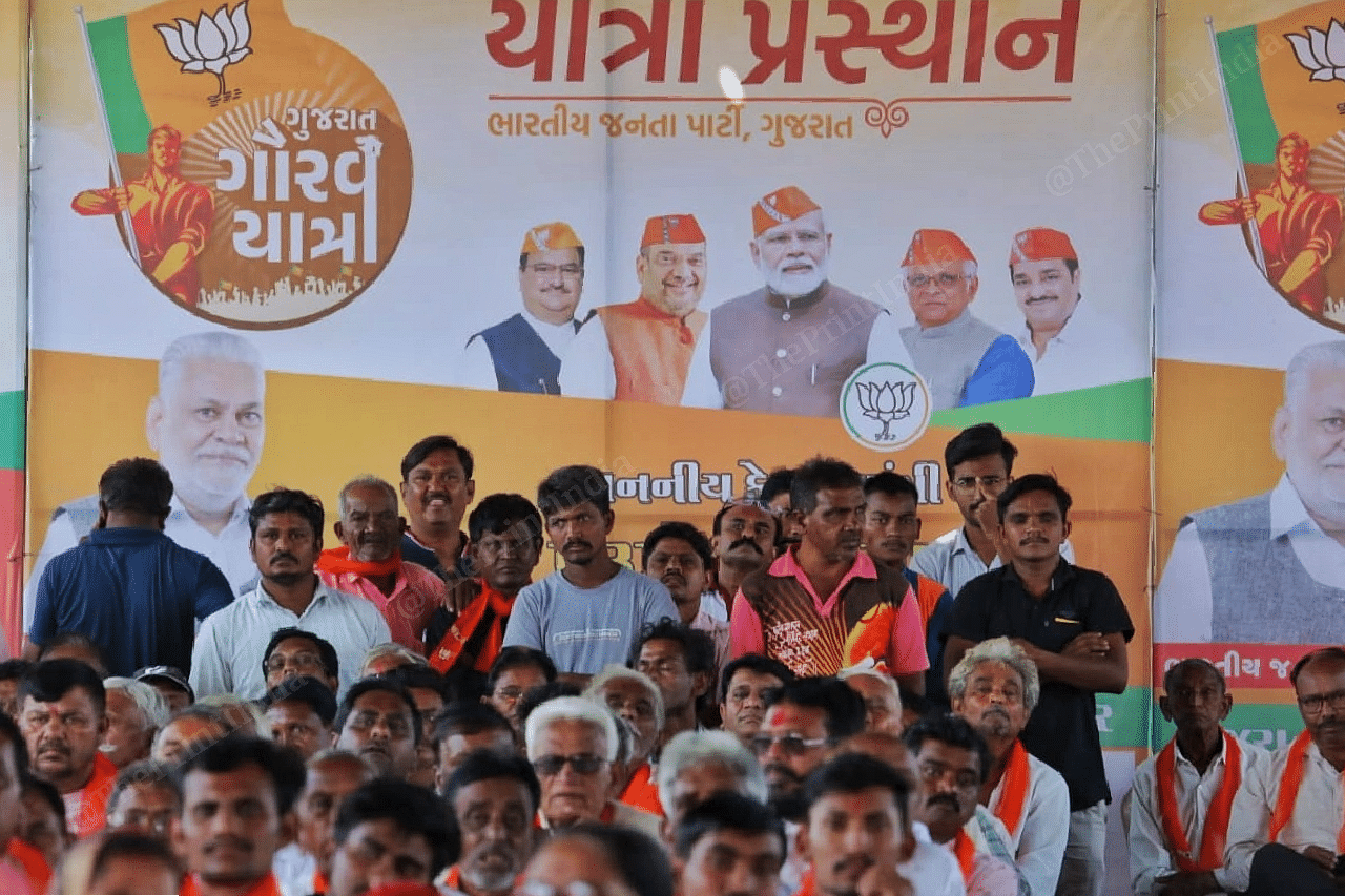 People listen to BJP leaders at a public meeting at Gujarat's Talod constituency | Praveen Jain | ThePrint