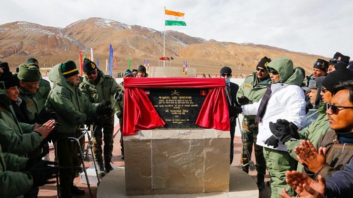 File photo of Defence Minister Rajnath Singh inaugurating the renovated Rezang La memorial in Chushul | PIB