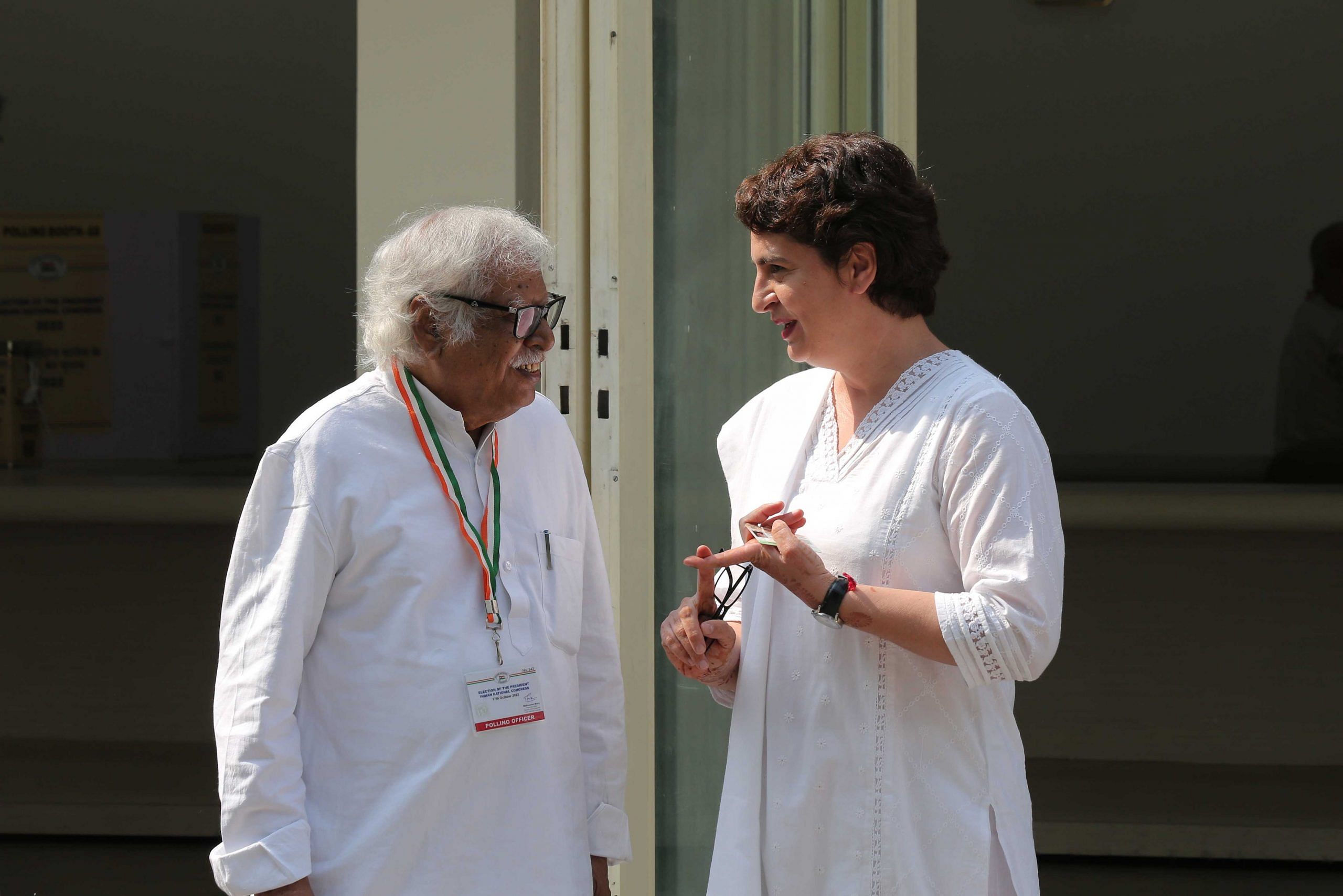 Congress Central Election Authority chairman Madhusudan Mistry with Priyanka Gandhi Vadra at the party headquarters | Suraj Singh Bisht | ThePrint 