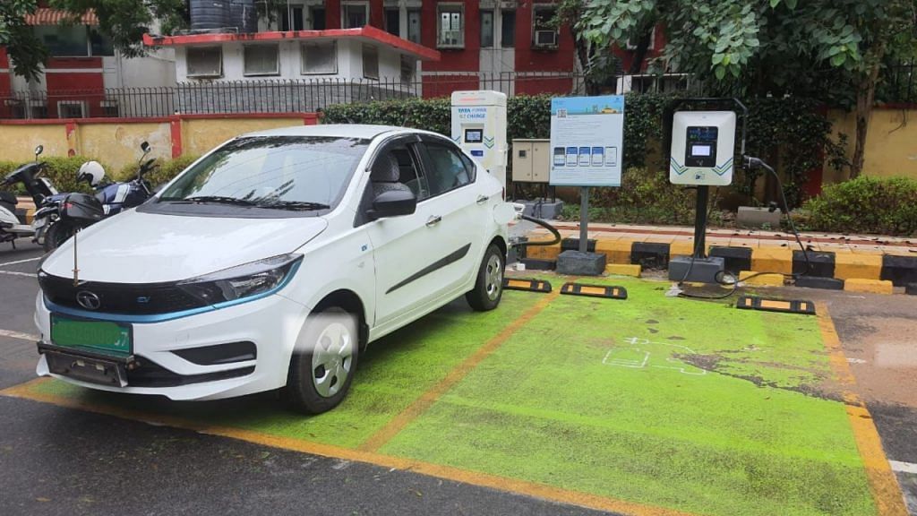 An Army electric vehicle being charged at Delhi Cantonment