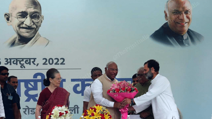 Sonia Gandhi and Rahul Gandhi greet Mallikarjun Kharge on his assuming Congress President's office on 26 Oct| File Photo Praveen Jailey ThePrint