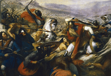 1837 painting by Charles de Steuben of the Battle of Tours (732), depicting a triumphant Charles Martel (mounted) facing Abdul Rahman Al Ghafiqi/Representative image of the Arab army under the Umayyid caliphate | Wikimedia Commons