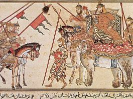 The Kara-Khanid ruler Ilig Khan on horse submitting to Mahmud of Ghazni riding an elephant, Persian painting, 1306-14 | Wikimedia Commons