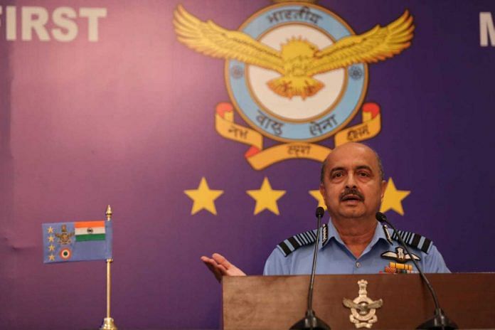 Air Chief Marshal Vivek Ram Chaudhari, addresses a press conference upon the upcoming Air Force day parade at Akash Officers Mess in New Delhi on Tuesday. ThePrint photo by Suraj Singh Bisht