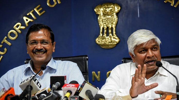 Delhi CM Arvind Kejriwal and AAP MLA Rajendra Pal Gautam | ANI file photo