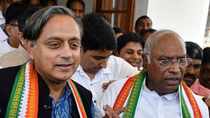 File photo of Mallikarjun Kharge and Shashi Tharoor after results of the Congress presidential elections were announced| ANI