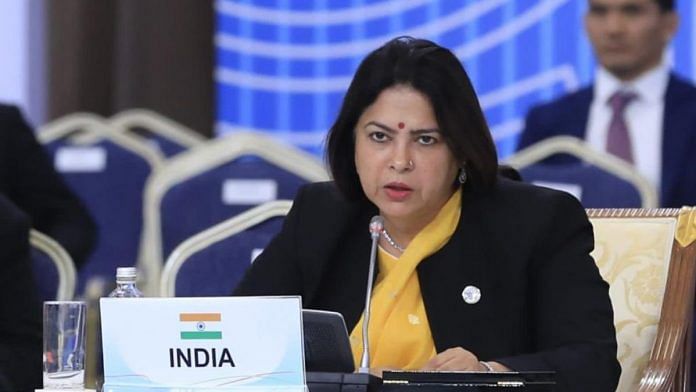Union Minister of State for External Affairs & Culture, Meenakashi Lekhi giving India's statement at the 6th CICA Summit | Twitter/@M_Lekhi