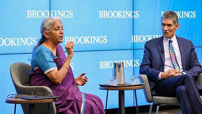 Union Finance Minister Nirmala Sitharaman speaks to scholars of The Brookings Institution in Washington, on 11 October 2022 | PTI