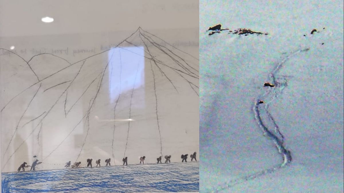 LEFT: Painting by a 10-yr-old boy of the Nangpa shooting incident, 2006 | Neera Majumdar/ThePrint. RIGHT: Kelsang Namtso lying in the snow after being shot and killed. Photo: Pavle Kozjek | Wikimedia Commons