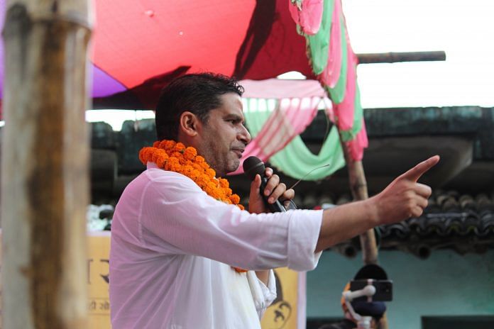 Prashant Kishor addressing the crowd at Bajra, Bihar, on 7 October as part of his ongoing Jan Suraaj Yatra | Satendra Singh | ThePrint