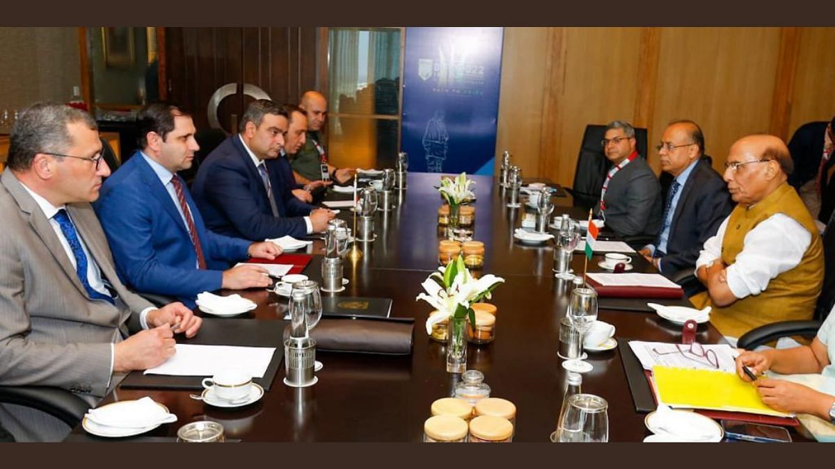 Bilateral meeting between Defence Minister Rajnath Singh and his Armenian counterpart Suren Papikyan in Gandhinagar, Gujarat, on 18 October 2022